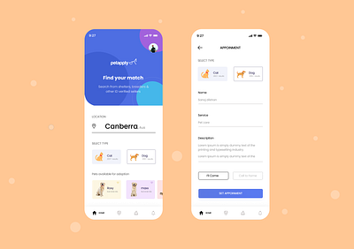 Mobile App - Pet Adoption animals app app ui cat dog mobile app pet pet app pet care pets ui design user interface design