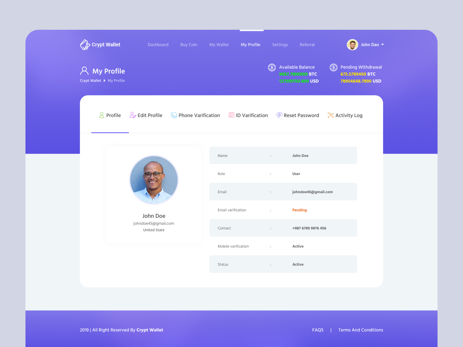 Example of Profile Page - Crypto Wallet