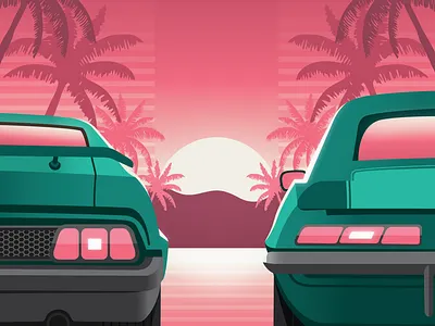 Palm Springs Showdown 80s car cars casale graphic design design digital illustration emerson emerson custom illustration miami mustang nick casale palm trees retro sunset