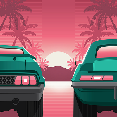 Palm Springs Showdown 80s car cars casale graphic design design digital illustration emerson emerson custom illustration miami mustang nick casale palm trees retro sunset