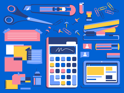 Record Kit blue calculator clip cutter design drawing eraser glue illustration laptop memo note pink scissor scissors stapler stationary x acto yellow