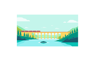 Vector illustration of trains crossing a river over the railroad adventure beautiful bridge business communication destination europe excursion fast flat design forest gorge header high speed train illustration industrial industry mountain railway speed