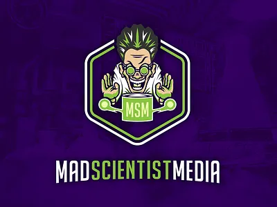Mad Scientist Media logo branding crazy design green illustration lab lab coat logo mad mad scientist media msm.fm podcast purple science scientist typography vector