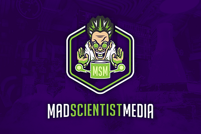 Mad Scientist Media logo branding crazy design green illustration lab lab coat logo mad mad scientist media msm.fm podcast purple science scientist typography vector