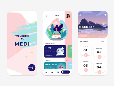 Medi app app app design dashboad design illustration lifestyle meditate meditation meditation app mobile mobile app onboarding psychology uidesign user interface vector