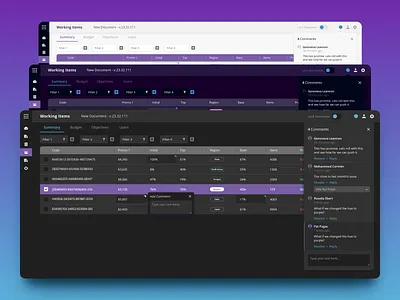Colors exploration in tables and comments UI b2b color comments dark ui data design grey table ui uidesign violet
