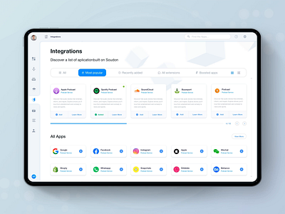 Soundon Hosting Integrations application card dashboard integration tab ui ux ux ui