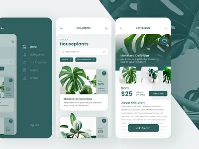 easyplant application app design application application ui branding design graphic design green minimal monstera plant store ui ux webshop