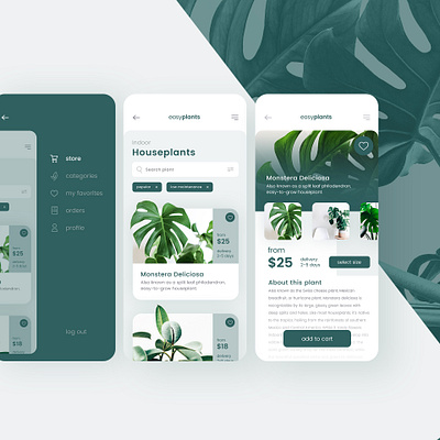 easyplant application app design application application ui branding design graphic design green minimal monstera plant store ui ux webshop