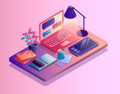 Isometric illustration design art designer follow me gradient graphicdesign illustration isometric design isometric illustration isometry lamp laptop likes logo phone pink table vector work