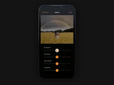 Daily UI – #007 Settings appdesign black dailyui dailyui007 dailyuichallenge dark dark mode dark theme image image manipulation ios app orange photo editing photos settings settings page slider ui uidesign uiux