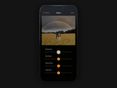 Daily UI – #007 Settings appdesign black dailyui dailyui007 dailyuichallenge dark dark mode dark theme image image manipulation ios app orange photo editing photos settings settings page slider ui uidesign uiux