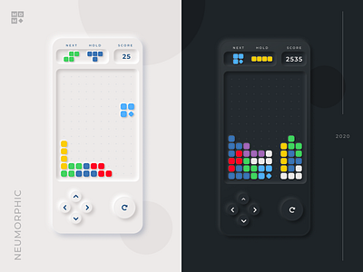 Neumorphic Tetris 2020 app clean concept dark mode design game interface ios mdm mobile neumorphic neumorphism tetris tetromino ui uiux