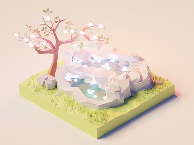 Pond 3d flower grass illustration pond tree