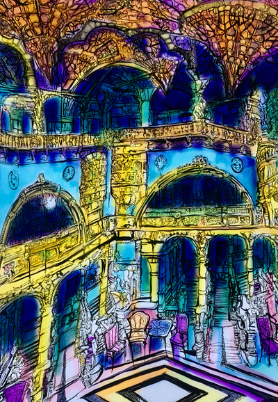 The Impossible Ballroom - illumistration architecture artwork ballroom fantasy illustration illustrations pen and ink steampunk