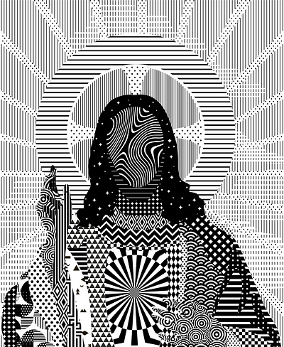 +<<Pray For Future. Digital Jesus>>+ artwork black white black and white christ digital graphic illustration jesus linework optical art ornament pattern religion vector