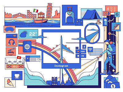 Travel Kit abroad airplane backpacking blue case city cloud design illustration instagram journey orange passport sns tent town travel trip trolley weather