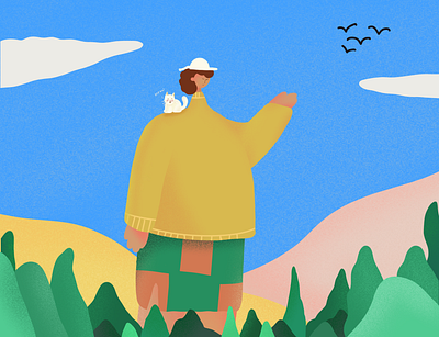 Friends for life 2d art blue cat chracter concept daily doodle dribbble friends giant girl hat illustration illustrator minimal pet procreate series vector