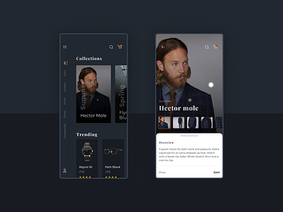 Suit shop app card dark design shop suit ui