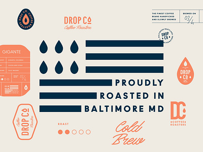 Branding for Drop Co. Coffee Roasters brand identity branding cafe coffee coffee shop cold brew drop emblem flag illustration label logo monogram pattern roasters