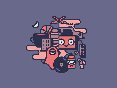 A day in the city basketball boombox city coffee heart medicine moon palm tree pigeon police car spray tag vinyl