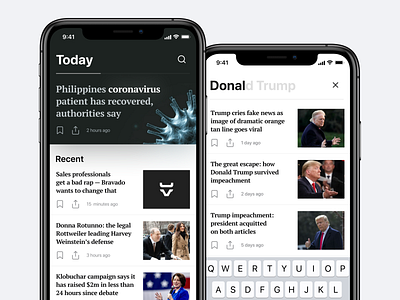 News App — Home Screen & Search app design clear design coronavirus design explore home ios home page home screen ios design mainpage newsletter search search ios search mobile trump ui