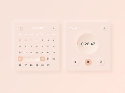 Neumorphism calendar cards ui clock elements neumorphic neumorphism pink gold shadow skeumorphism ui visual design