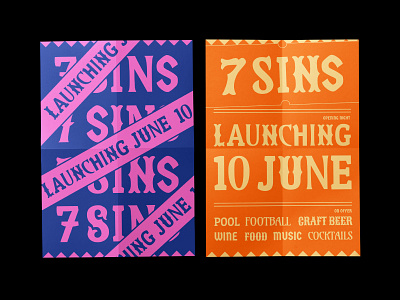 7 Sins - bar & restaurant launch posters bar brand brand identity branding carnival launch night launch poster logo orange poster poster design purple restaurant seven deadly sins seven sins typography typography experiment typography poster