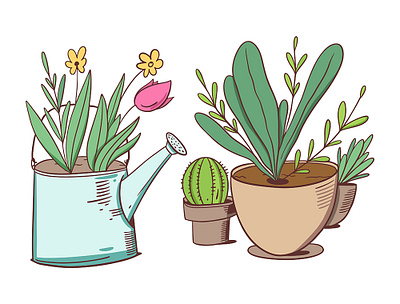 Home plant in a pot cacti cactus cartoon cute flower green home illustration plant pot sketch vector