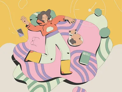 bed vacation cat flat illustration girl illustration