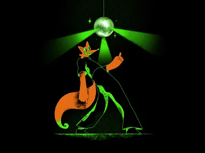 Disco Fox animal character character art character design dance dance character dance pose dancing disco disco ball disco illustration florian farhay fox fox character fox illustration green illustration party party illustration procreate