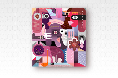 Three People And A Cat abstract art cat collage composition contemporary face geometric illustration kitty man modern people pet pink purple shape vector violet woman