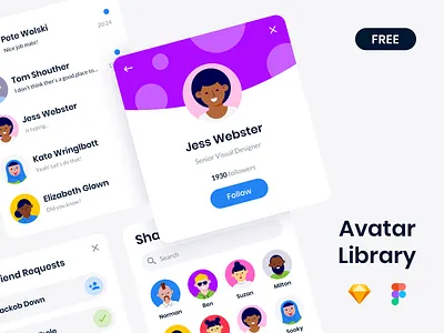 Free Avatar Library animation assets avatar create drawer face figma free freebie illustration library lottie man photo profile sketch symbol ui vector woman