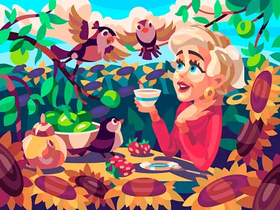 Garden tea time art birds cartoon character comic design digital farm garden girl illustration vector