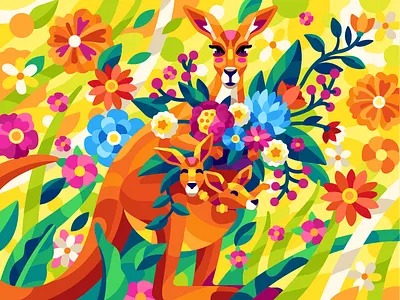 Kangaroos colorful coloring book flatdesign flowers gallery game illustration illustration kangaroo mom mother motherhood mothersday spring summer vector vector illustration yellow