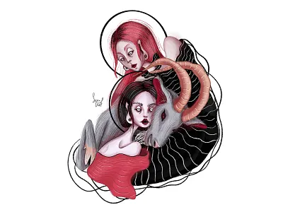 Two girls and a goat art artist artwork girl goat illustration procreate