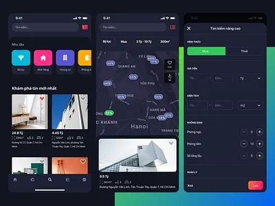Explore page app blue blues business dark mode design ecommerce explore interface maps popup real estate search page ui ui ux design