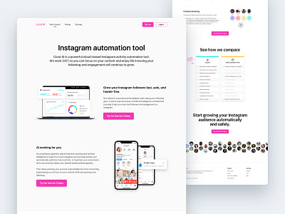 Coral - Internal page analytics automation charts clean compare design followers insights instagram interface landing layout pink proxy table tool ui ux webapp website