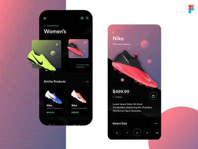 Nike -Online Shoes App black branding button dark dark theme designoweb designowebtechnologies gradient icons icons design illustration kicks neon nike photoshop shoes shoesapp typography ui ux