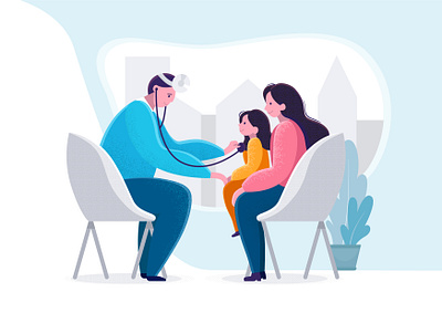 Pediatric checkup illustration with little girl and doctor. 2d child clinic design doctor dots flat girl hospital illustartion illustrator mother pediatric pediatrician texture vector web