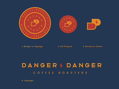 Danger Danger Logo Guide blue brand brand identity branding design geometric graphic design guideline icon identity lightning logo logo design mark red seal set type typography logo