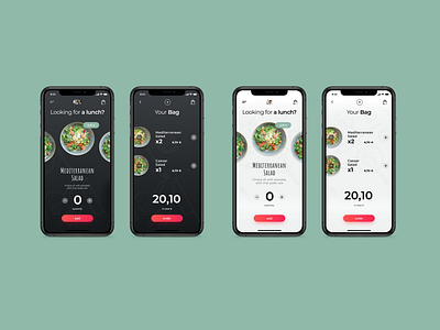 Dark vs Light dark app dark mode dark theme dark ui dark vs light ui flat ui food app light mode light theme light ui mobile app mobile app design mobile ui shopping bag shopping cart