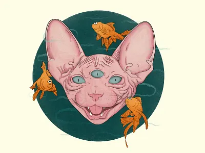 Three Eyed Sphynx & Goldfish illustration photoshop texture