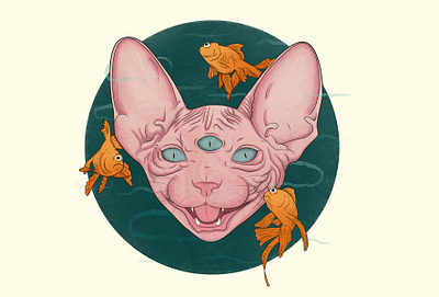 Three Eyed Sphynx & Goldfish illustration photoshop texture