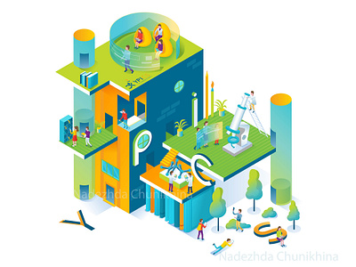 Building Illustration 3d design illustration isometric laboratory microscope people students university vector