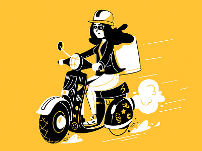 Scooter business career character color deliver delivery dinner food girl illustration job lady lunch moto motorbike scooter transportation woman yellow