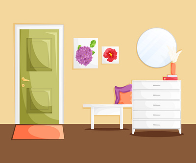 The home hallway with a green door and white wooden furniture background cartoon design entrance flat flat design furniture furniture design hallway home house illustration interior room