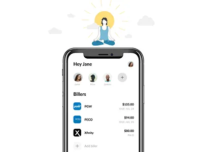 All your house bill accounts in one place. bills clouds fintech house house illustration housemates landing page meditation mobile payments relax relaxation splitting