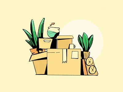 Moving Day animation appartment box boxes coffee composition cup eyes fish hide hiding home house illustration man moving plant plants speaker studiosnels