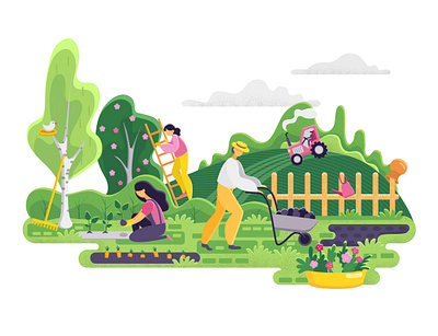 Gardening people. Spring landscape in flat style. Vector. 2d adobe illustrator design flat garden gardening illustartion landscape people style textured vector